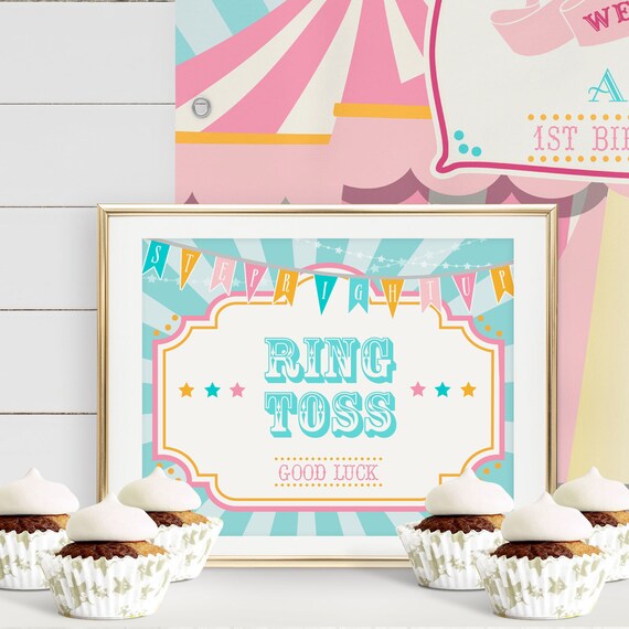 PRINTABLE Pink & Teal Circus/Carnival Game Sign- Blue Sunburst | Includes 8 x 10 and 11 x 14 | Edit Text in Corjl Design App Il_570xn