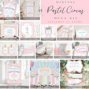 Könnte beinhalten: Ein digitales "Pastel Circus" Mega-Kit mit 23 Artikeln, darunter Einladungen, Spielschilder, Capri-Sun-Etiketten, Gastgeschenketiketten und ein Willkommensschild. Das Kit hat ein weiches rosa, blaues und weißes Farbschema mit Zirkusmotiven und Text.