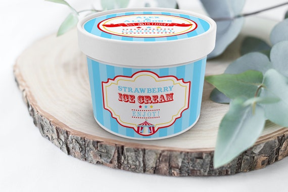 PRINTABLE Bright Red Circus/Carnival Ice Cream & Treat Tub Labels- Blue Stripes | Fits 8oz Ice Cream Container | Edit Text in Corjl App Il_570xn