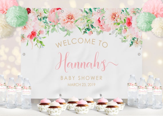 PRINTABLE Pink Floral Backdrop | Measures 4' x 6' | Text is Fully Editable by the Customer Using Corjl Design App Il_570xn