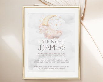 PRINTABLE Over the Moon Late Night Diapers Sign- Pink | 8 x 10 and 11 x 14 Sizes Included | Edit Text in Corjl Design App