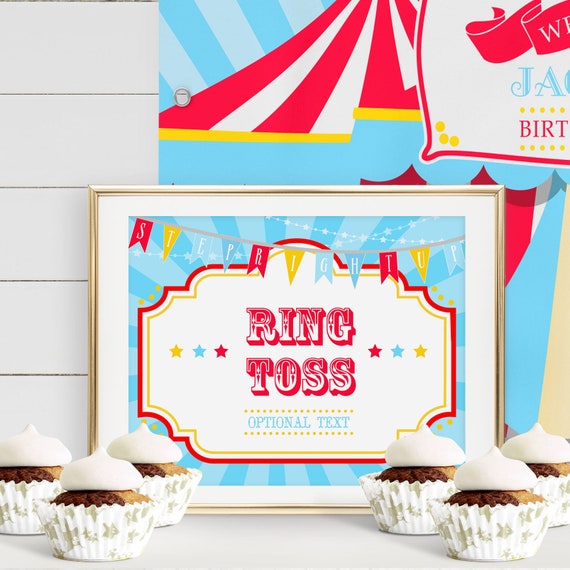 PRINTABLE Bright Red Circus/Carnival Game Sign- Blue Sunburst | Includes 8 x 10 & 11 x 14 | Edit Text in Corjl Design App Il_570xn