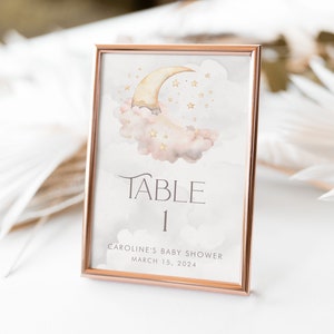 Tarjeta editable con número de mesa Over the Moon para baby shower de niña, letrero de mesa personalizable, descarga digital, decoración imprimible con diseño de luna rosa para baby shower