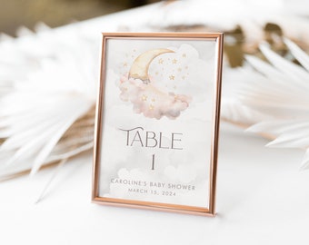 PRINTABLE Over the Moon Baby Shower Table Number Card- Pink | Fully Editable Text | Edit Text in Corjl Design App