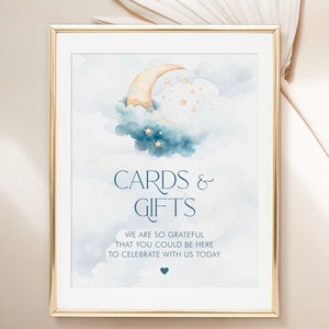 Tarjetas y regalos editables "Over the Moon", letrero "Blue Moon Baby Shower", decoración de mesa para baby shower imprimible, descarga digital, letrero personalizable para baby shower