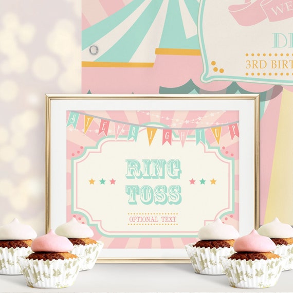 PRINTABLE Pink & Mint Circus/Carnival Game Sign- Pink Sunburst | Includes 8 x 10 and 11 x 14 | Edit Text in Corjl Design App Il_570xn