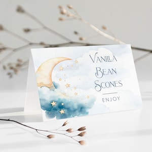 Bearbeitbar über dem Mond Food Buffet Card Baby Boy Shower Anpassbares Tischschild Digitaler Download Druckbare Blue Moon Baby Shower Decor