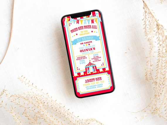 Bright Red Circus Smart Phone Invitation- Red Stripes | Text Message Invite | Carnival Birthday | Edit in Corjl, Download, and Send! Il_570xn