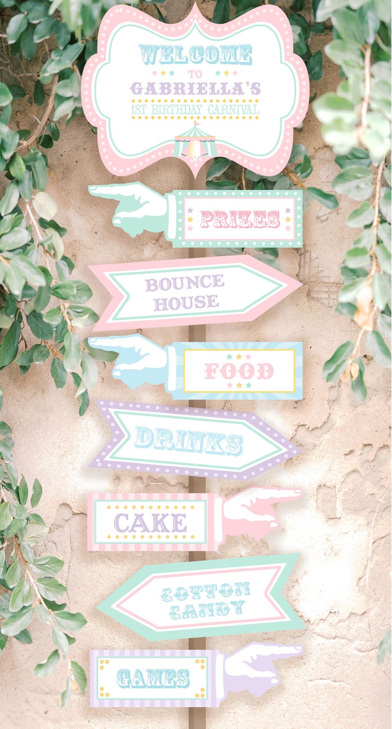 PRINTABLE Pastel Circus/Carnival Directional Signs Each Sign Features Fully Editable Text Edit Text in Corjl, Download and Print image 1