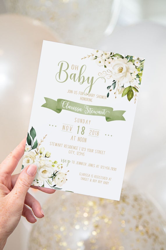 PRINTABLE White Floral Invitation- Oh Baby | Baby Shower Invitation | Fully Editable Text | Edit Text in Corjl Design App Il_570xn