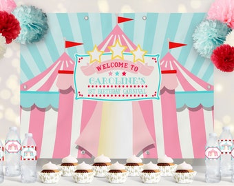 PRINTED VINYL Red & Pink Circus/Carnival Backdrop- Pink Tents | Choose 4' x 6' or 8' x 10' | Personalized, Printed, Shipped