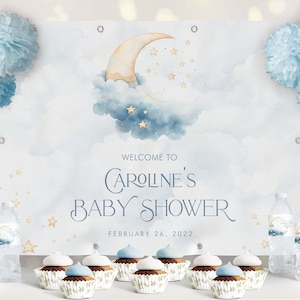 Editable Over the Moon Baby Shower Backdrop Digital Blue Moon Welcome Sign Customizable Celebration Baby Poster Digital Download
