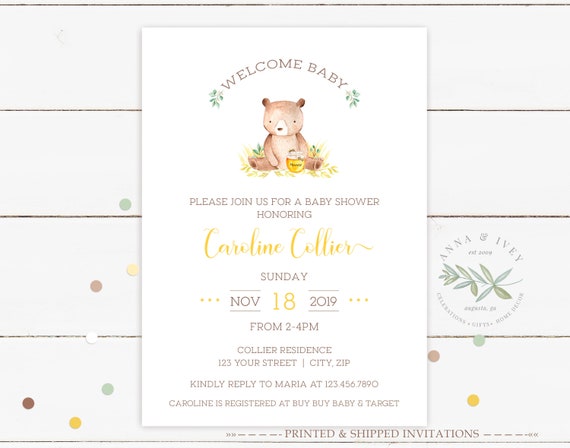 Printed Shipped Honey Bear Invitation Baby Shower Gender Neutral