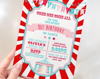 PRINTABLE Red & Pink Circus/Carnival Invitation- Red Burst | Circus Birthday | Fully Editable Text | Edit Text in Corjl Design App