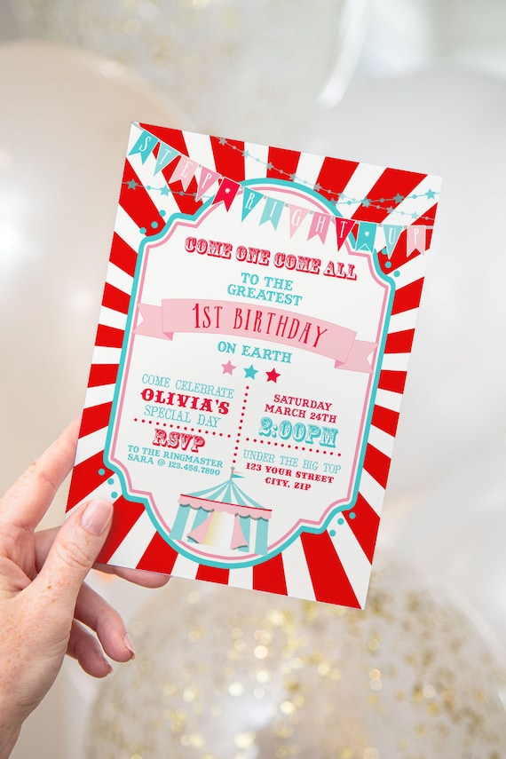 PRINTABLE Red & Pink Circus/Carnival Invitation- Red Burst | Circus Birthday | Fully Editable Text | Edit Text in Corjl Design App Il_570xn