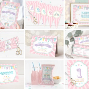 PRINTABLE Pastel Circus/Carnival Party Kit- Pink Burst | Edit Text in Corjl, Download and Print!