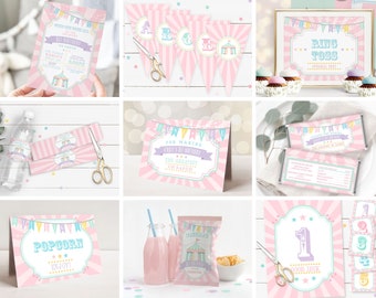 PRINTABLE Pastel Circus/Carnival Party Kit- Pink Burst | Edit Text in Corjl, Download and Print!