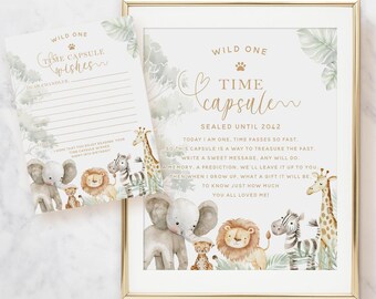May include: A framed "Wild One Time Capsule" sign and matching card. The sign is in a gold frame with a watercolor illustration of safari animals. The card reads "Time Capsule Wishes" and has lines for writing.