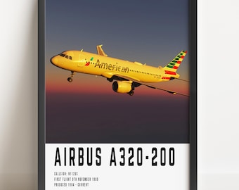 May include: Framed print featuring a yellow American Airlines Airbus A320-200 in flight against a sunset sky. The print includes the aircraft's name, model, and production details in white text on a black frame.