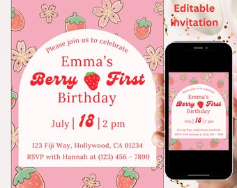 Invitación de primer cumpleaños con bayas / Invitación de cumpleaños de fresa editable / Plantilla para fiesta de primer cumpleaños / Descarga digital de Canva
