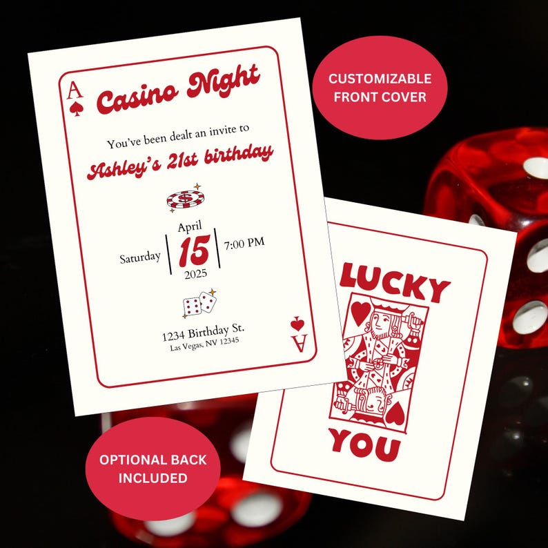 Może przedstawiać: Biała karta zaproszenia z czerwonym tekstem na imprezę urodzinową z okazji 21. urodzin w stylu kasyna. Tekst brzmi "A Casino Night You've been dealt an invite to Ashley's 21st birthday" z datą i godziną imprezy. Tył karty przedstawia czerwoną kartę do gry z tekstem "LUCKY YOU".