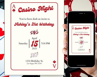 Invitación a una noche de casino, invitación con temática de Las Vegas, invitación a Las Vegas, invitación editable de cumpleaños de casino, invitación para el cumpleaños número 21, invitación a una noche de póquer