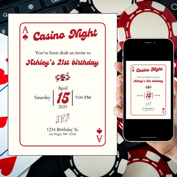 Casino Night Invitation, Vegas Themed Invitation, Vegas Invite, Editable Casino Birthday Invite, 21st birthday Invite, Poker NIght Invite