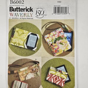 May include: A sewing pattern for a tablet case with four different designs. The designs include a floral pattern, a geometric pattern, a striped pattern, and a solid color pattern. The pattern is from Butterick and is part of the Waverly collection. The pattern number is B6002.