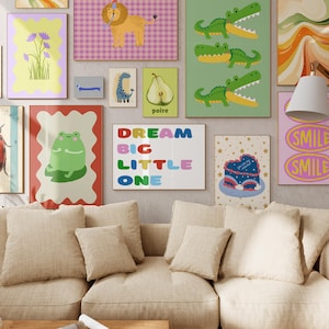 Gallery Wall Set of 12 Nursery Art Prints, Fun Kids&#39; Room Decor, Eclectic Playroom Prints, Colorful Art, Printable Playful Animal Prints