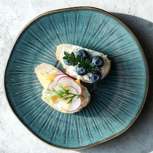 May include: A teal ceramic plate with a radial design holds two open sandwiches. One is topped with blueberries and greenery, the other with radish slices and yellow spread. The plate has a brown rim.