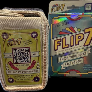 May include: A boxed card game titled "FLIP 7" with a holographic design. The box features the game's name in large letters and the tagline "The Greatest Card Game of All Time!". A card case with a QR code and the text "Play It Forward" is also visible.