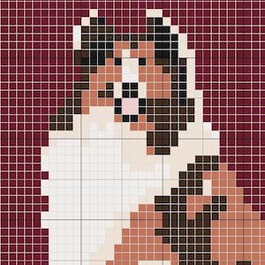 May include: Pixel art cross stitch pattern of a brown and white dog with a pink nose. The dog is sitting on a burgundy background.
