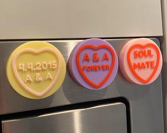 Personalised Love Hearts Fridge Magnet: Custom Text, Many colours available, Romantic Keepsake, Wedding Favour