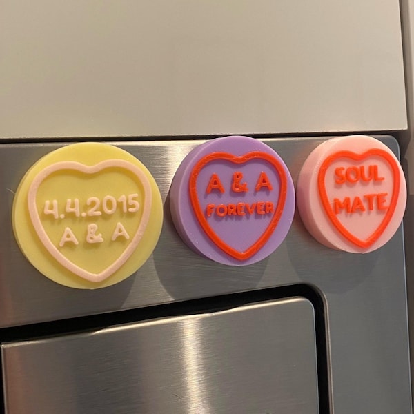 Personalised Love Hearts Fridge Magnet: Custom Text, Many colours available, Romantic Keepsake, Wedding Favour
