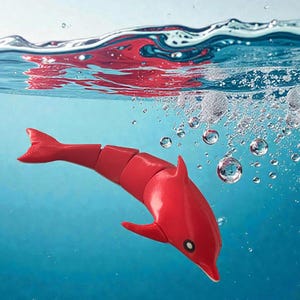 Può includere: Un giocattolo a forma di delfino rosso immerso nell'acqua, con bolle che salgono. Il giocattolo è segmentato, consentendo il movimento. Lo sfondo è un gradiente di blu, con un accenno di cielo e nuvole visibili sopra.