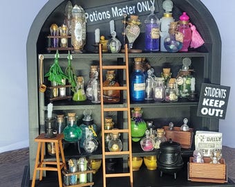May include: A black display shelf filled with miniature potion bottles, jars, and vials. A small wooden ladder and a stool are included. The shelf has signs that read "Potions Master ONLY" and "STUDENTS KEEP OUT!" The word "Potions" is written on the base.