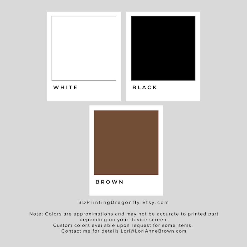 May include: Three color swatches: white, black, and brown, each within a white-bordered rectangle. The colors are labeled with their names. The Etsy shop URL and a note about color approximations are at the bottom.