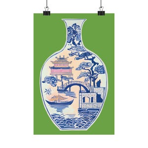 Póster de jarrón chinoiserie verde, estampado de jarrón y flores orientales, arte de pared de pagoda rosa, estampado chinoiserie, gran hogar milenario, maximalista