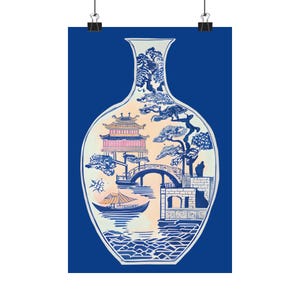 Póster de jarrón chinoiserie azul marino, estampado de jarrón y flores orientales, arte de pared de pagoda, estampado chinoiserie, gran hogar milenario, maximalista