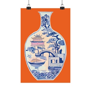 Póster de jarrón chinoiserie naranja, jarrón oriental con estampado de flores, arte de pared de pagoda, estampado chinoiserie, Grand Millennial Home, jarrón de estilo chino