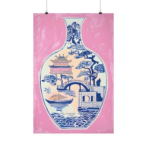 Póster de estilo chinoiserie en rosa, estampado de flores y jarrón oriental, arte mural de pagoda, estampado de estilo chinoiserie, decoración del hogar de estilo milenario, jarrón de estilo chino