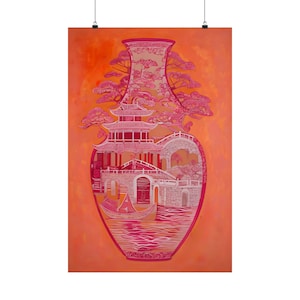 Póster de estilo chinoiserie en color naranja, estampado de flores en un jarrón oriental, arte mural de estilo pagoda en color rosa, estampado de estilo chinoiserie, decoración milenaria, jarrón de estilo chino