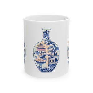 Chinoiserie Vase Mug, Asian Porcelain Tea Cup, Floral Coffee Mug, Oriental Style Ceramic Cup, Chinese Inspired Drinkware, Blue and White