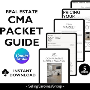 May include: A digital marketing guide for real estate agents. The guide includes a comparative market analysis, pricing your home, and how to contact the agent. The guide is available for instant download and is editable in Canva.