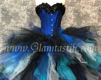 Custom Order Blues white and Black Burlesque Corset tulle ball gown witch costume day of the dead with lace collar costumeS-XL