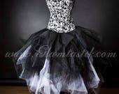 Custom Size White and black skulls and tulle burlesque prom dress witch costumeday of the dead costume available in S-XL