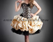 Custom Size black and gold lace burlesque corset prom dress with tulle and dupioni shantung skirting with pickups