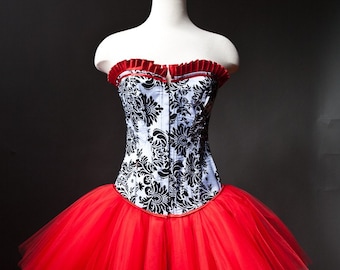 Custom size black white and red Damask burlesque corset prom dress