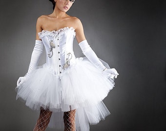 Custom size White tulle Burlesque Corset Prom dress with tulle shawl