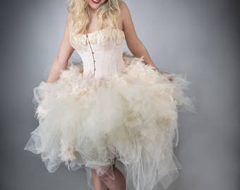 Size large Peach and ivory lace Feather tulle burlesque corset prom dress tea length Ready to Ship